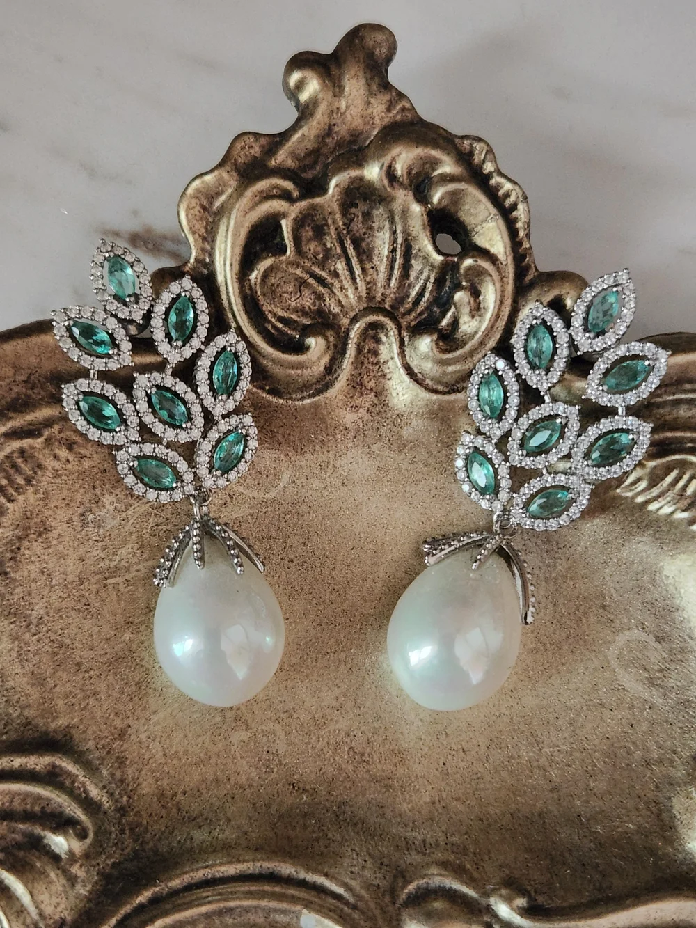 Elegant Silver Faux Pearl Drop Earrings with Green Crystal Leaves
